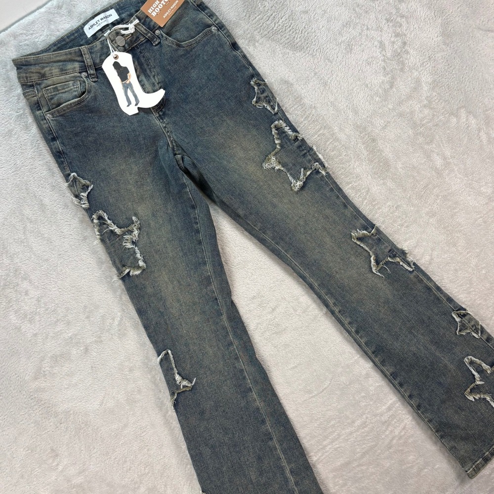 Ashley Mason Women's High Rise Bootcut Jeans Distressed Blue Denim Size 00/23